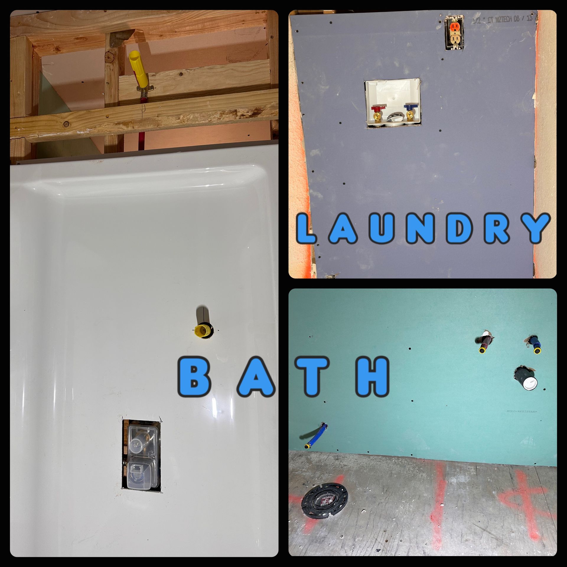 Bathroom and laundry plumbing rough-in: bathtub, wall with electrical boxes, and water lines exposed.