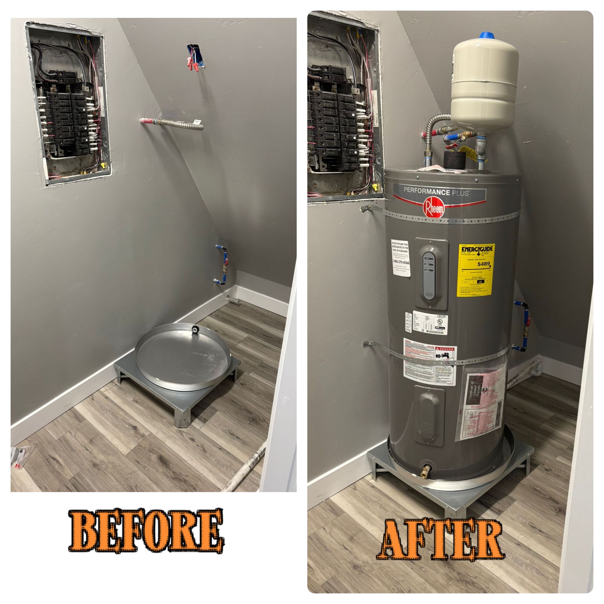 Before and after: Empty room with electrical panel to room with water heater and expansion tank.