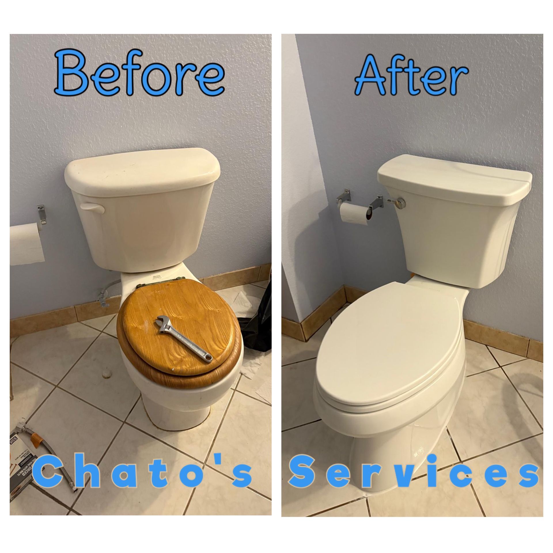 Before and after toilet replacement: a beige toilet with wooden seat replaced by a white toilet.