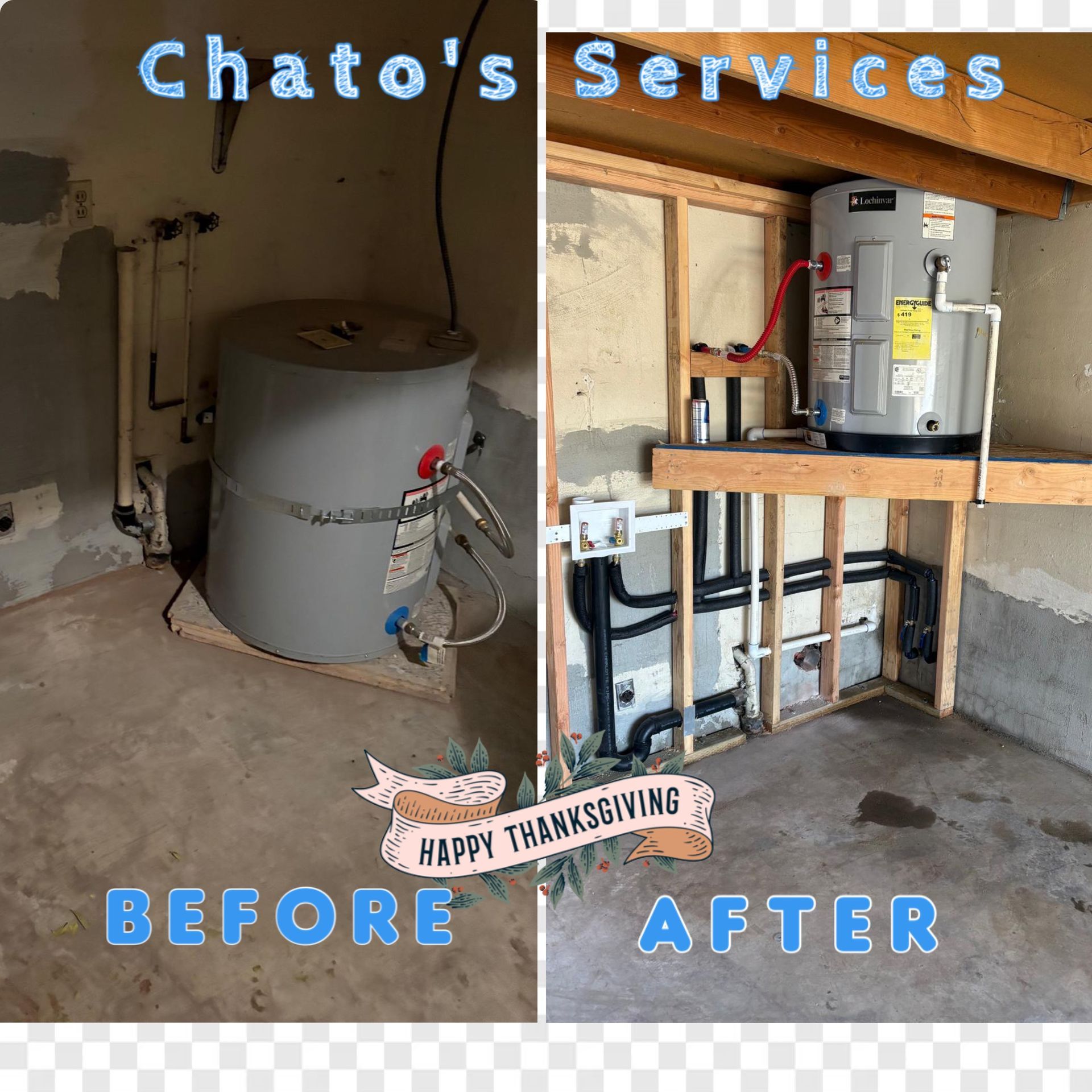 Before and after of a water heater installation: a concrete room with a water heater, then a framed, organized setup.