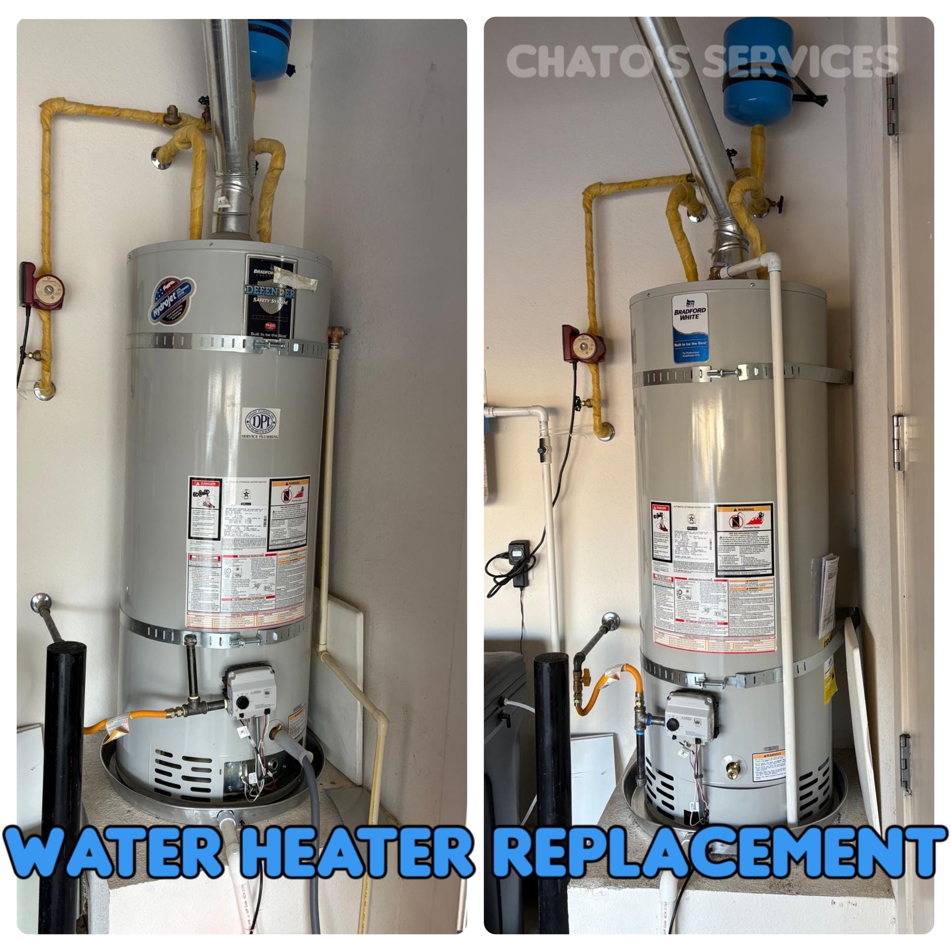 Two photos show water heater replacement. A silver tank with pipes and a blue top are visible in an enclosure.