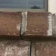 Close-up of a weathered brick wall with white mortar joints and a window above.