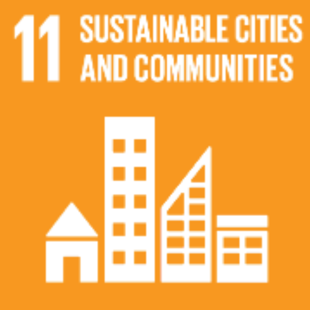 An orange sign that says 11 sustainable cities and communities