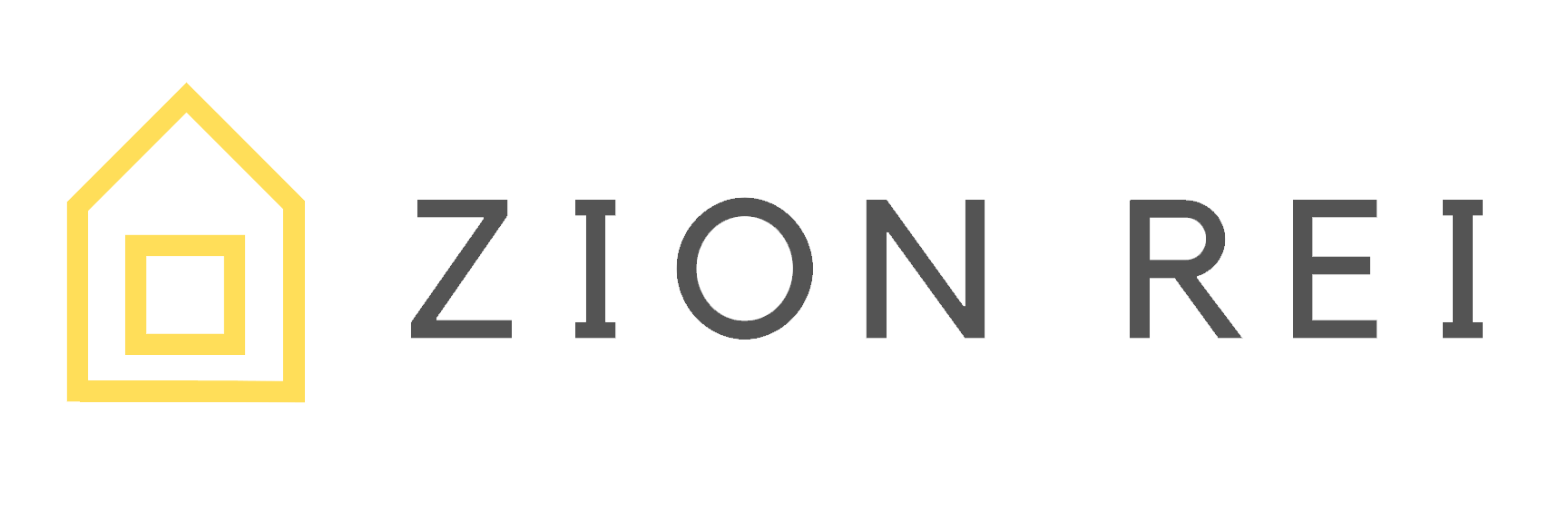 Logo for Zion REI, featuring a yellow house icon and gray text.