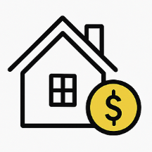 House outline next to a yellow coin with a dollar sign.