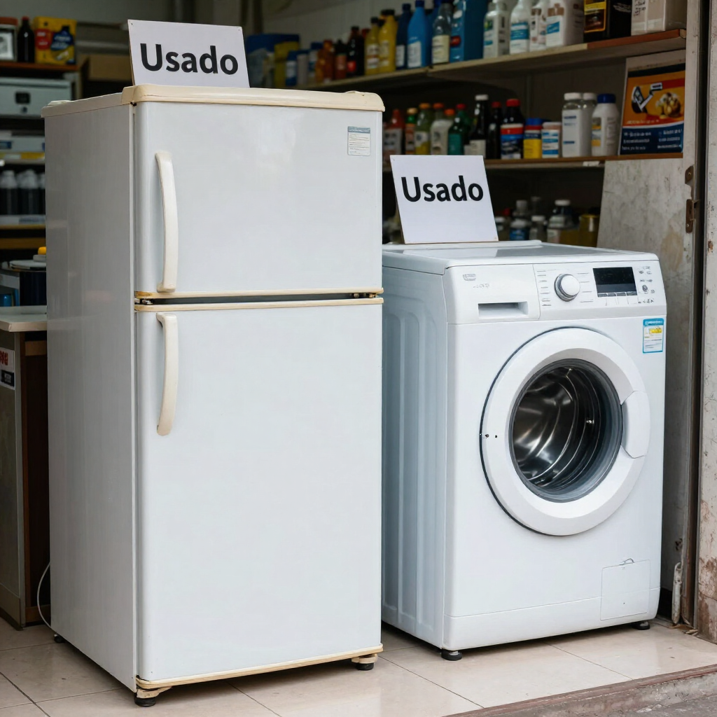 Refrigerador y lavadora usados en exposición en una tienda, ambos etiquetados como «Usado»