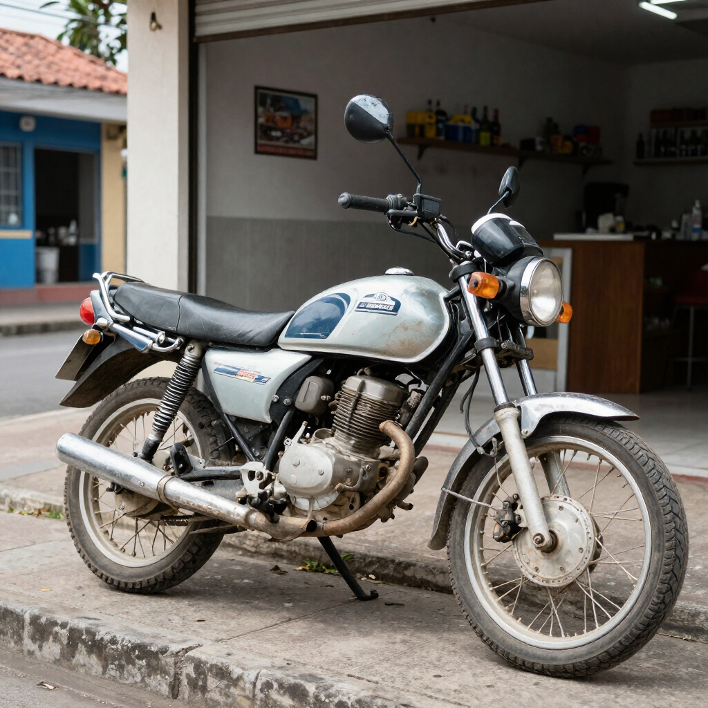 Motocicleta plateada y polvorienta aparcada sobre un suelo de hormigón, con detalles azules y cromados, en un garaje.