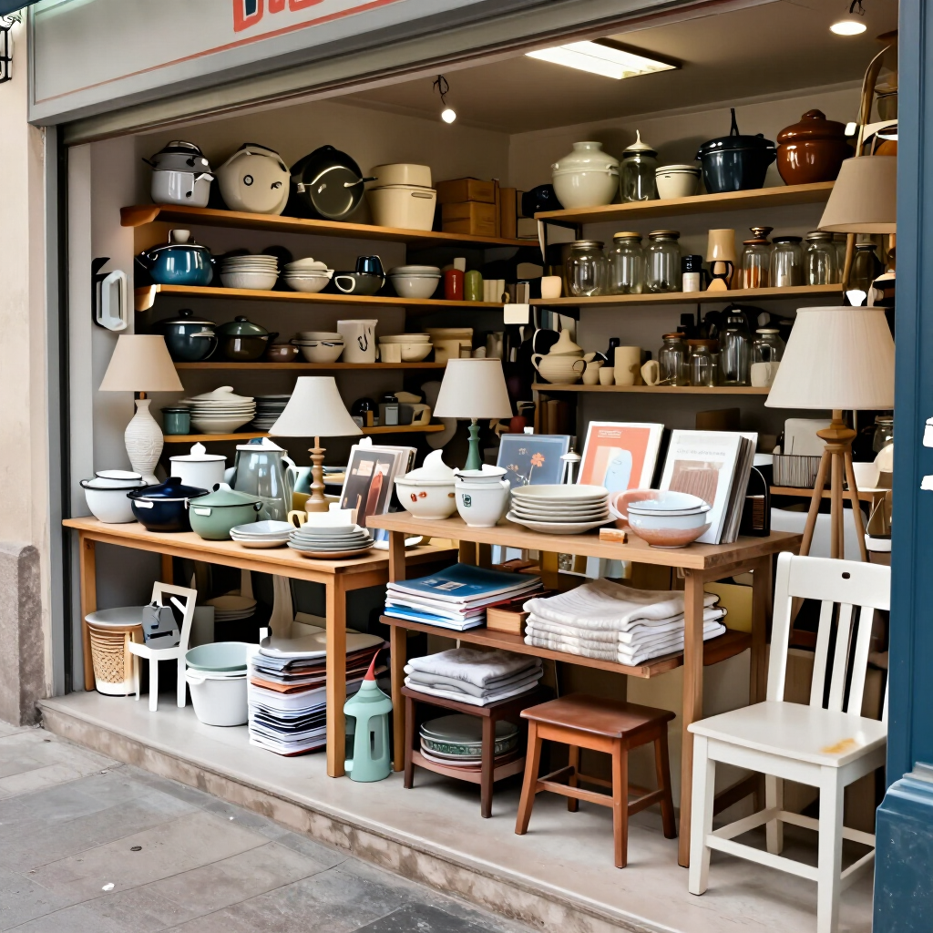 Expositor de tienda abierto al frente, con cerámica apilada, cuencos, lámparas y muebles sobre estantes y mesas