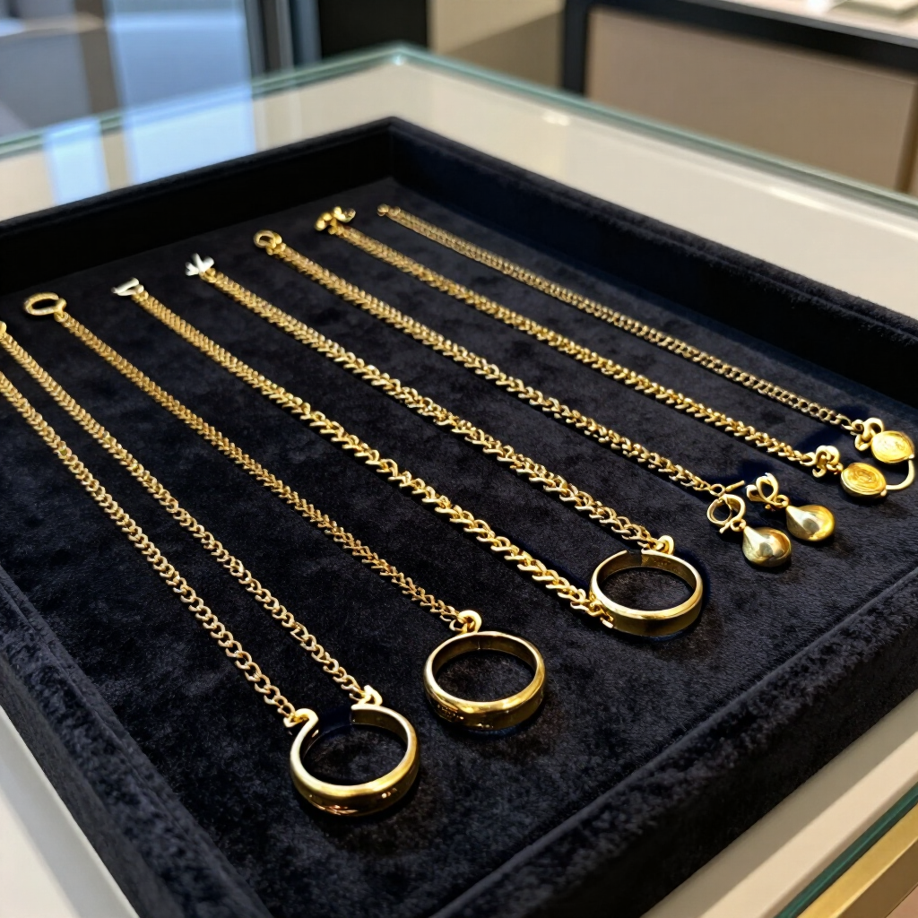 Pulseras de oro exhibidas en una bandeja de terciopelo negro dentro de una vitrina de cristal