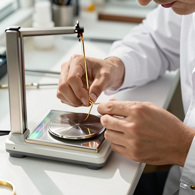 Técnico ajustando una cadena de oro en una báscula digital en un taller de joyería
