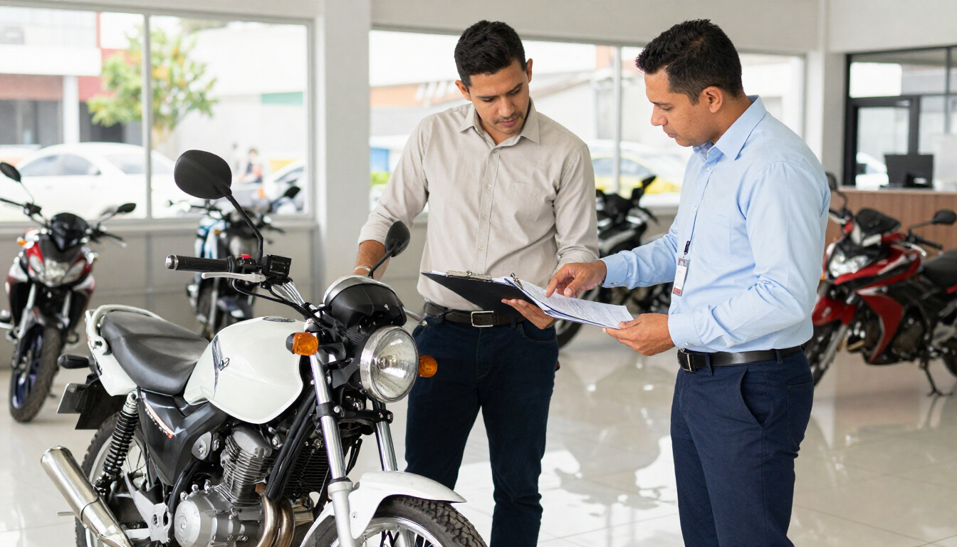 Dos hombres hablando sobre unos documentos junto a una motocicleta blanca en una sala de exposición