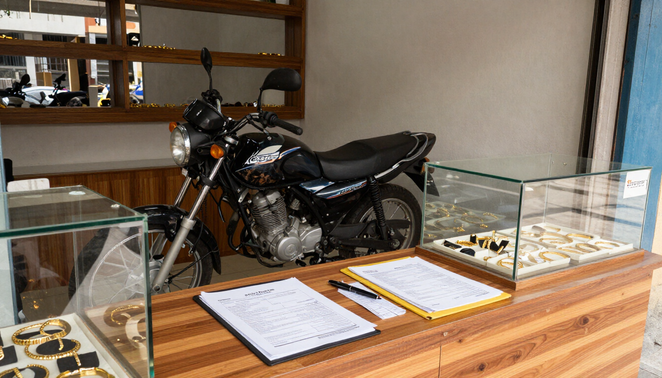Motocicleta negra expuesta en el interior, detrás de vitrinas, con documentación sobre un mostrador de madera.