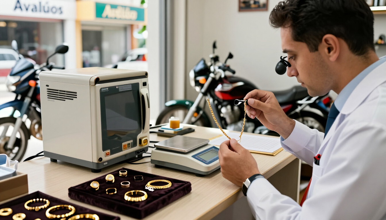 Joyero examinando un anillo con una lupa en su banco de trabajo, junto a un limpiador ultrasónico y un expositor de joyas
