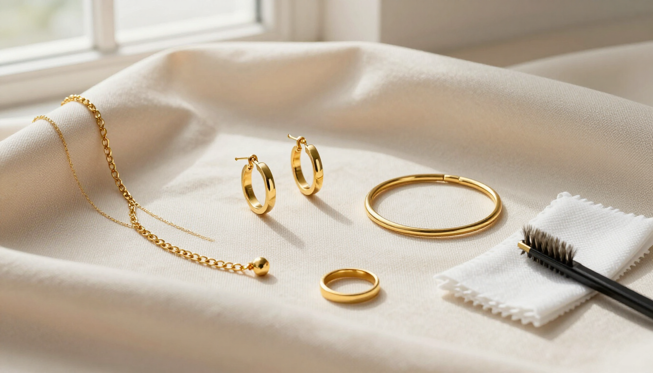Juego de joyas de oro sobre una tela color crema, con collar, pendientes, anillo, brazalete, paño y cepillo