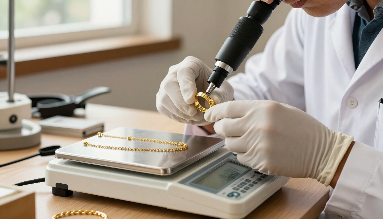 Un técnico con guantes examina joyas de oro con una lupa sobre una báscula digital en un taller.