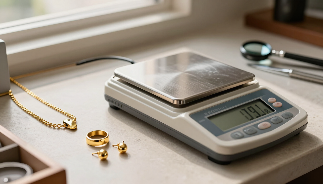 Joyas de oro en una báscula digital junto a una ventana, con un collar y un anillo sobre una bandeja