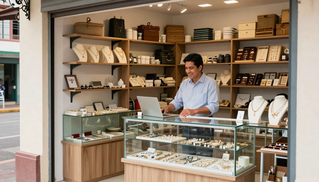 Tendero detrás de una vitrina en una pequeña tienda con estantes de productos envasados y accesorios