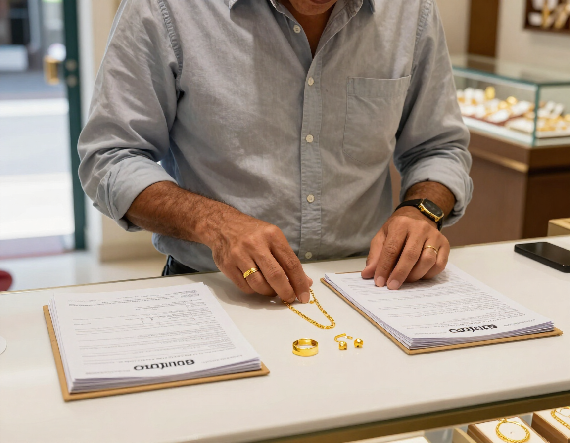 Persona comparando joyas y documentos antes de una valoración