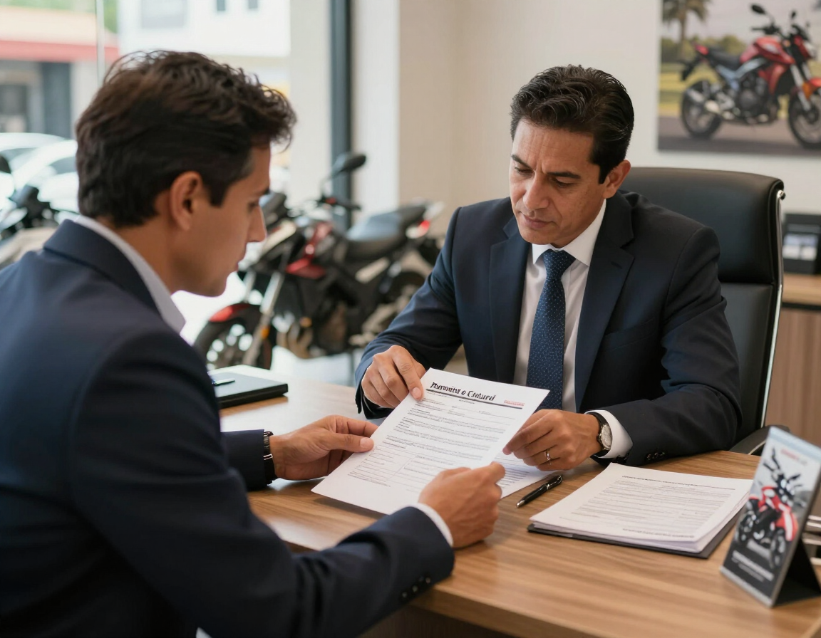 Persona comparando documentos y precio de una motocicleta