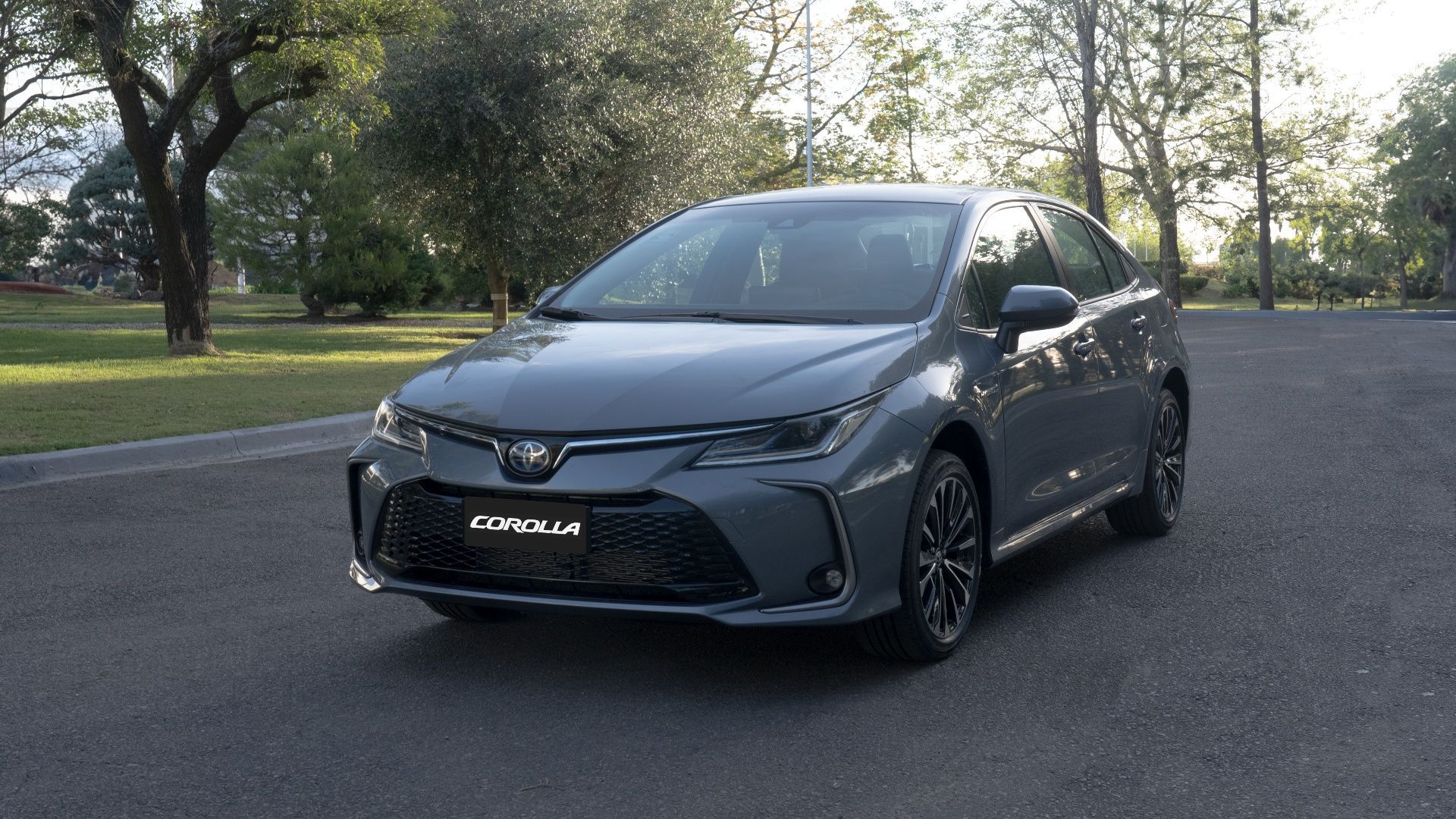 Un Toyota Corolla está estacionado al costado de la carretera frente a un parque.
