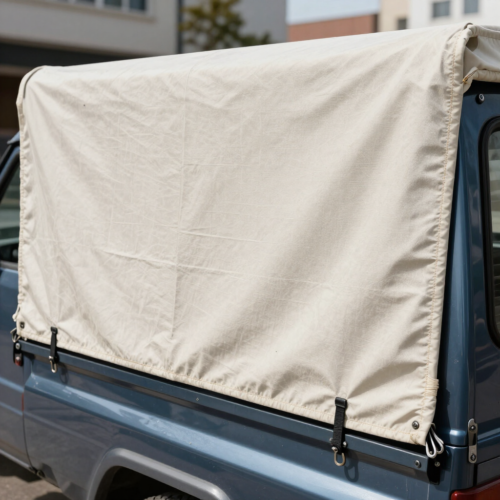 Cubierta beige para la caja de una camioneta azul