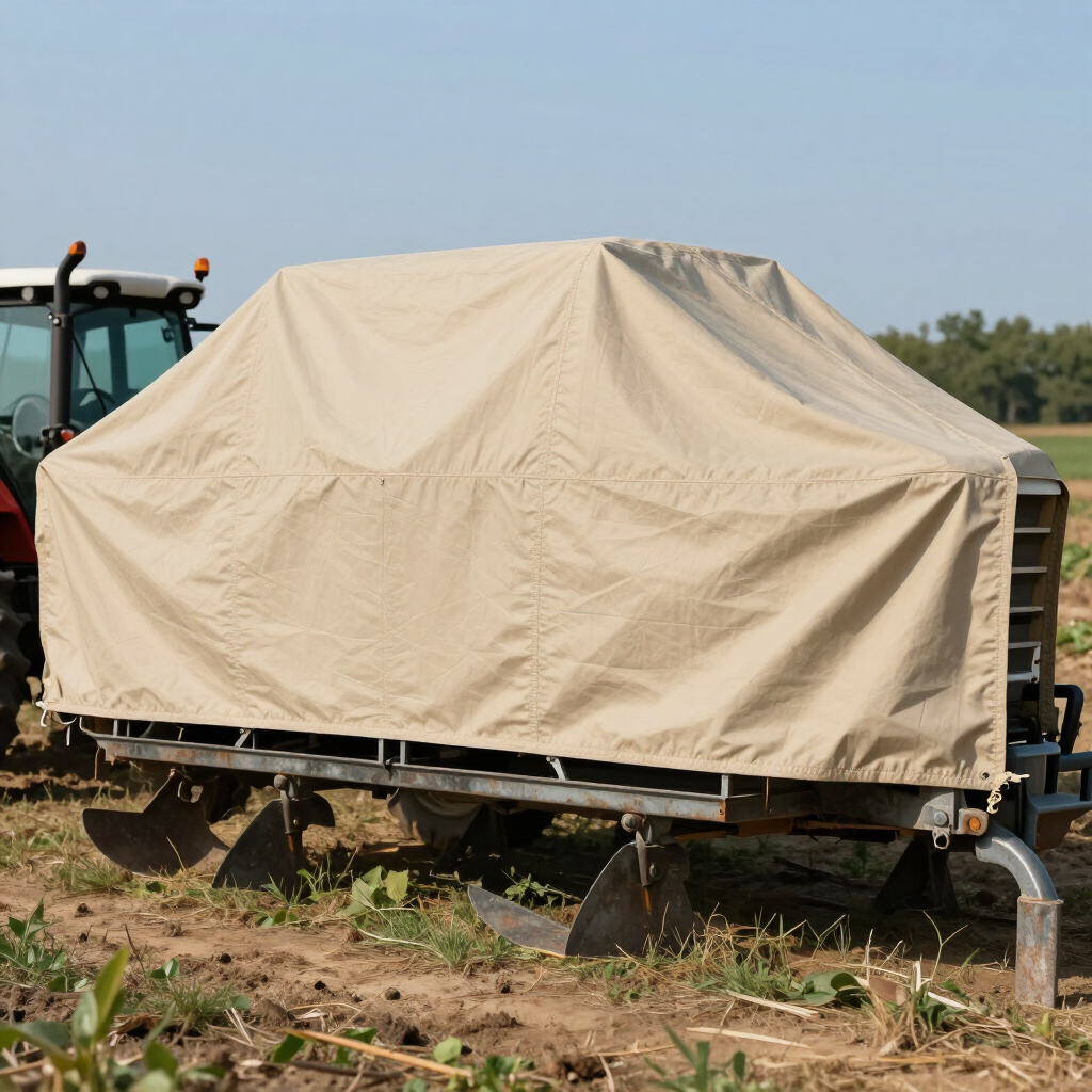 Lona beige cubriendo un remolque en un campo, con un tractor parcialmente visible a la izquierda.