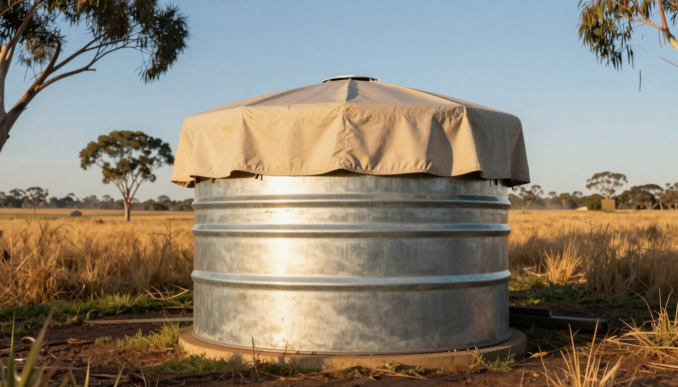 Depósito de agua metálico con una cubierta beige en un campo de hierba seca con árboles dispersos bajo un cielo azul