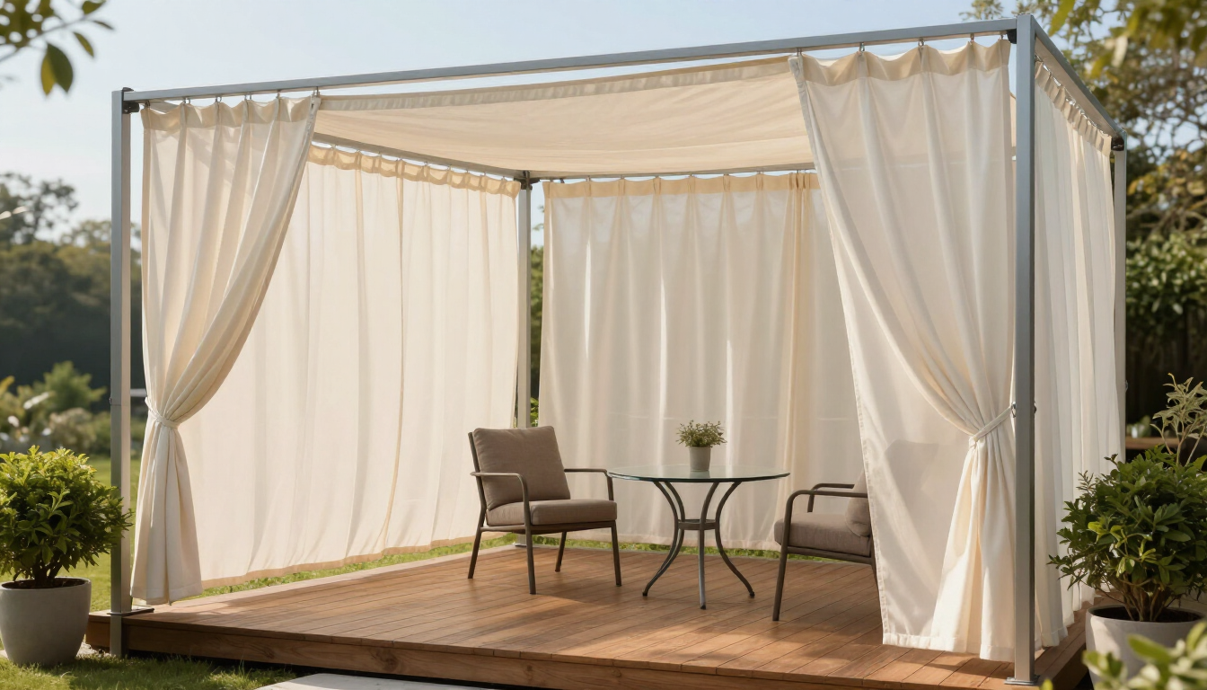 Pabellón de jardín en un patio, con cortinas color crema, tarima de madera y dos sillas con una mesa pequeña debajo
