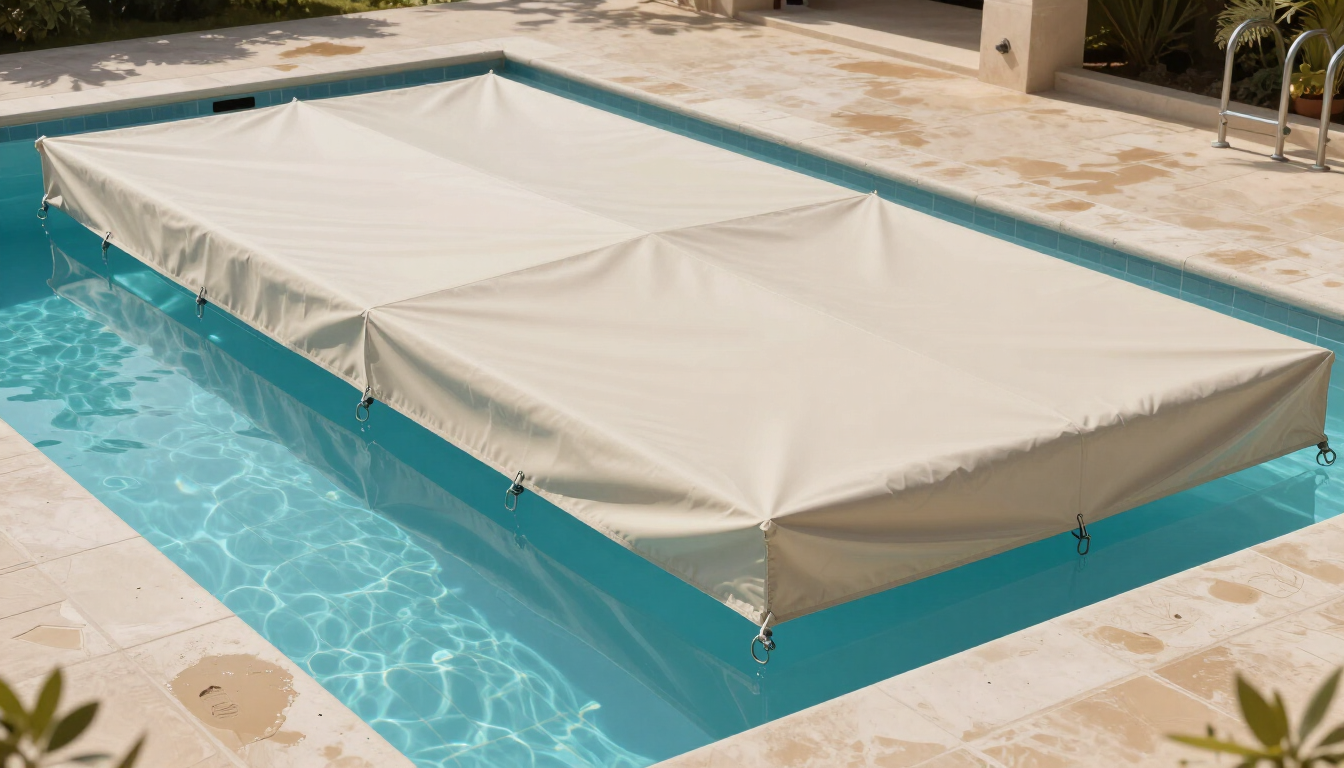 Piscina rectangular o jacuzzi cubierto con una lona beige, junto a una piscina.