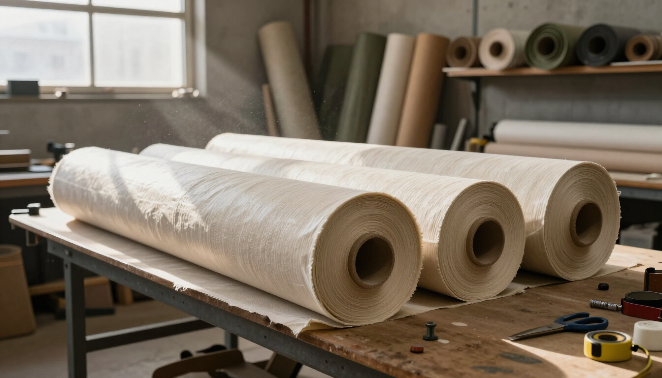 Grandes rollos de tela blanca o papel sobre un banco de trabajo en un taller, con estanterías y herramientas al fondo