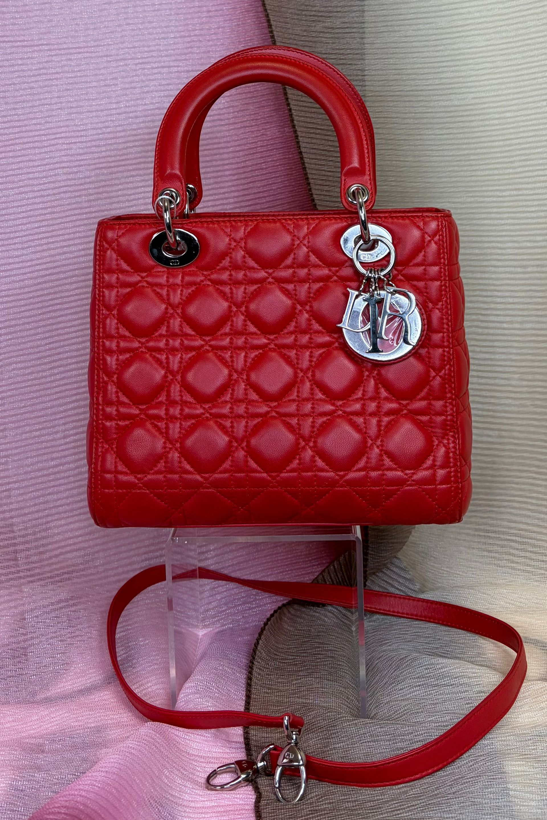 Lady Dior Medium Zip Top Cannage Quilt Lambskin-W/Dustbag/LegitApp COA, Very Good/Good Condition