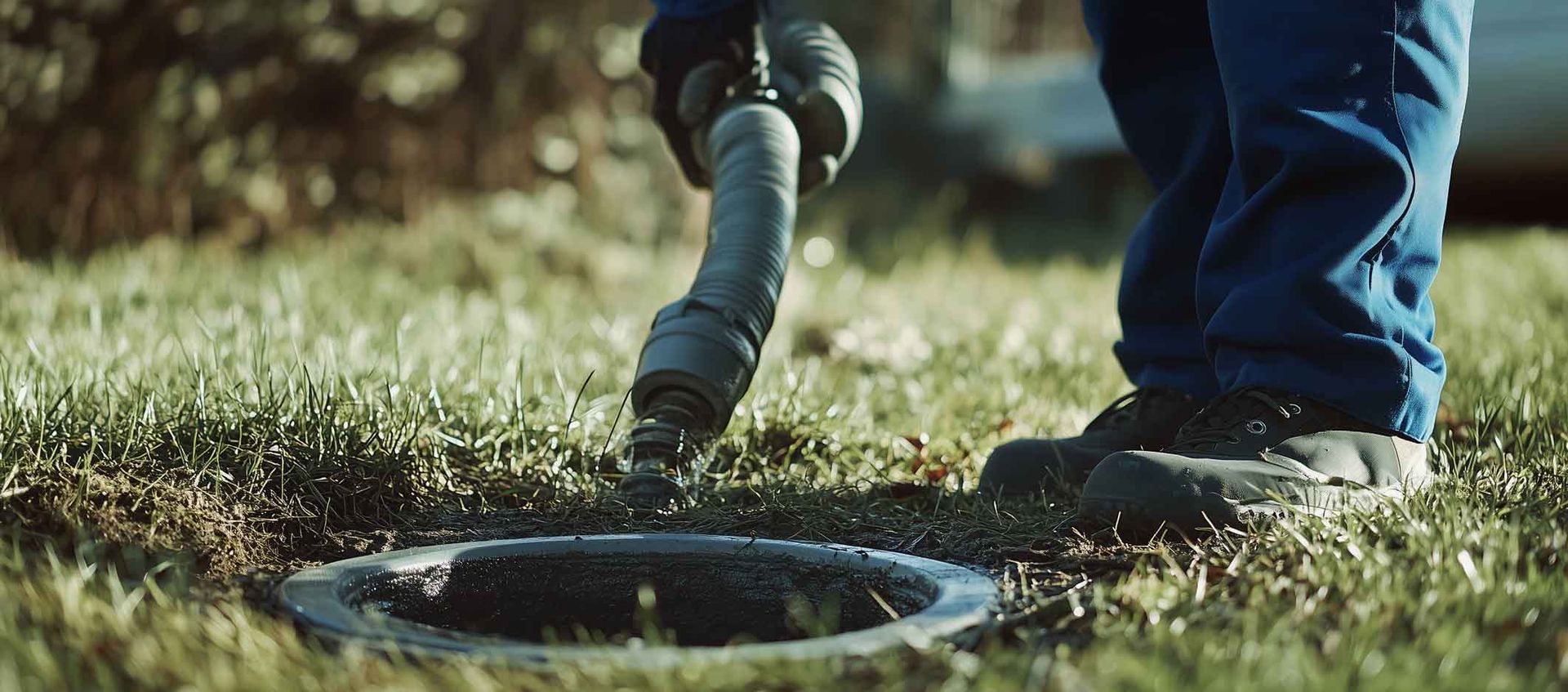 Technician in blue coveralls feeds a corrugated hose into an open septic tank lid in a grassy yard. Technician in blue coveralls feeds a corrugated hose into an open septic tank lid in a grassy yard.