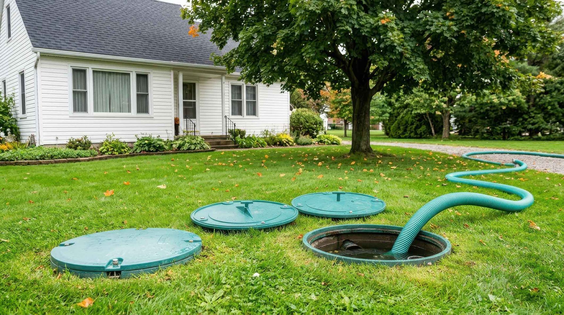 Green septic tank lids opened on a grassy lawn with a coiled pump hose feeding into an open tank. Green septic tank lids opened on a grassy lawn with a coiled pump hose feeding into an open tank.