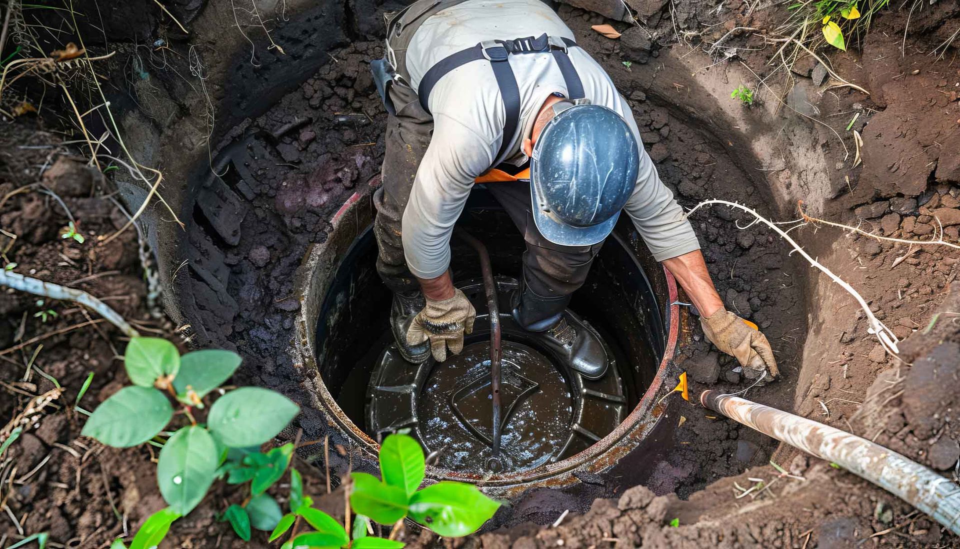 Vacuum truck hose pumping sludge from an open residential septic tank during an emergency cleaning. Vacuum truck hose pumping sludge from an open residential septic tank during an emergency cleaning.
