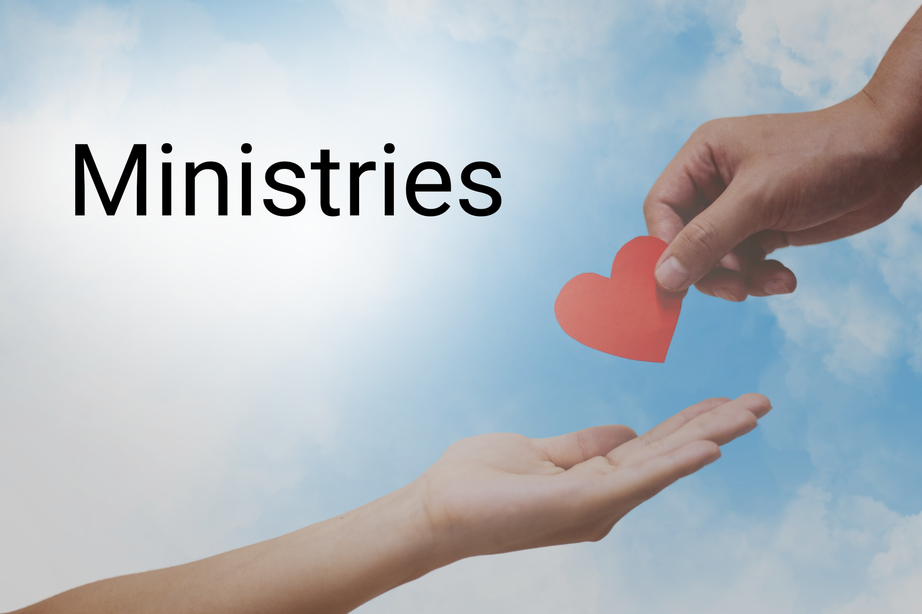 Hands exchanging a red heart above the word “Ministries” on a sky-blue background