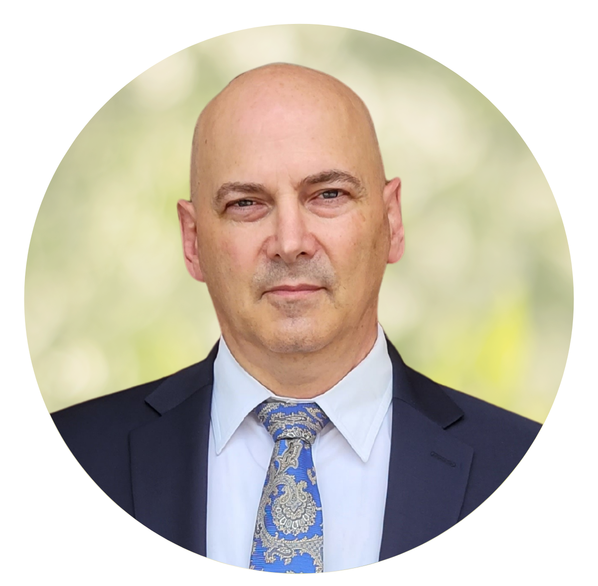 Formal portrait of a bald man in a navy suit and patterned tie against a blurred light background