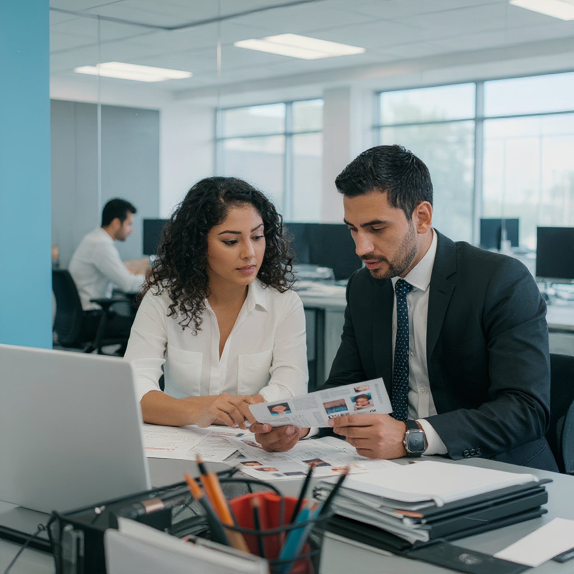 Two people reviewing papers at a desk in an office setting. One man is in a suit.