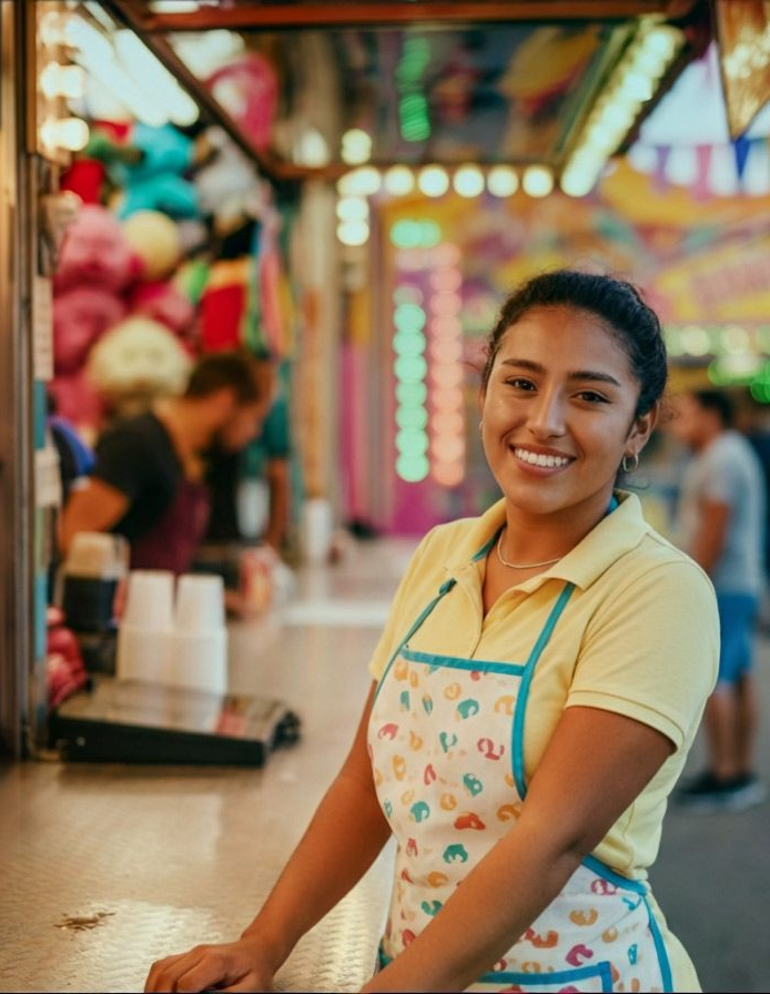 Woman smiling, wearing apron at a carnival game booth.