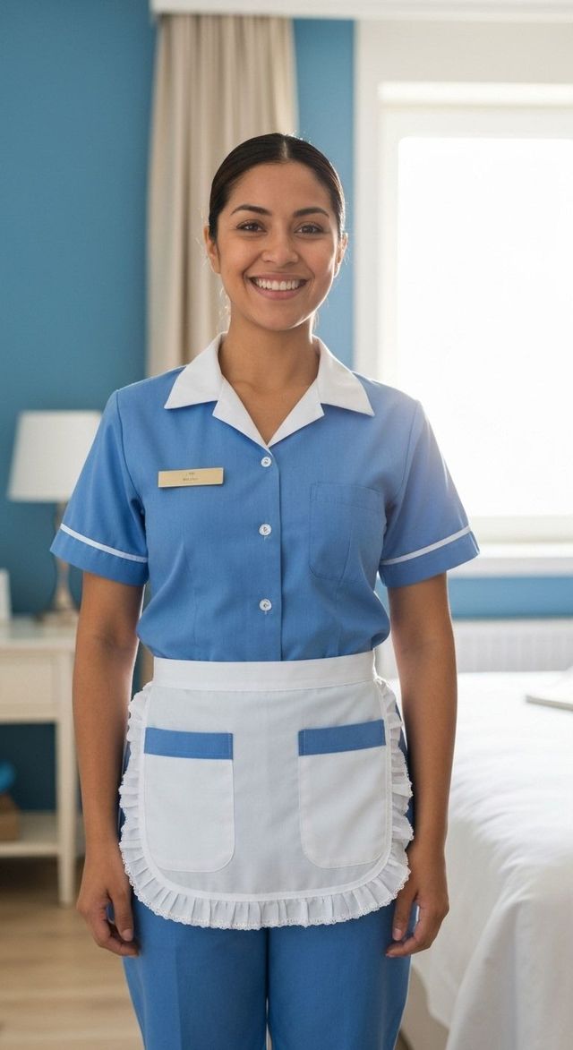 Smiling hotel housekeeper in blue uniform and white apron.