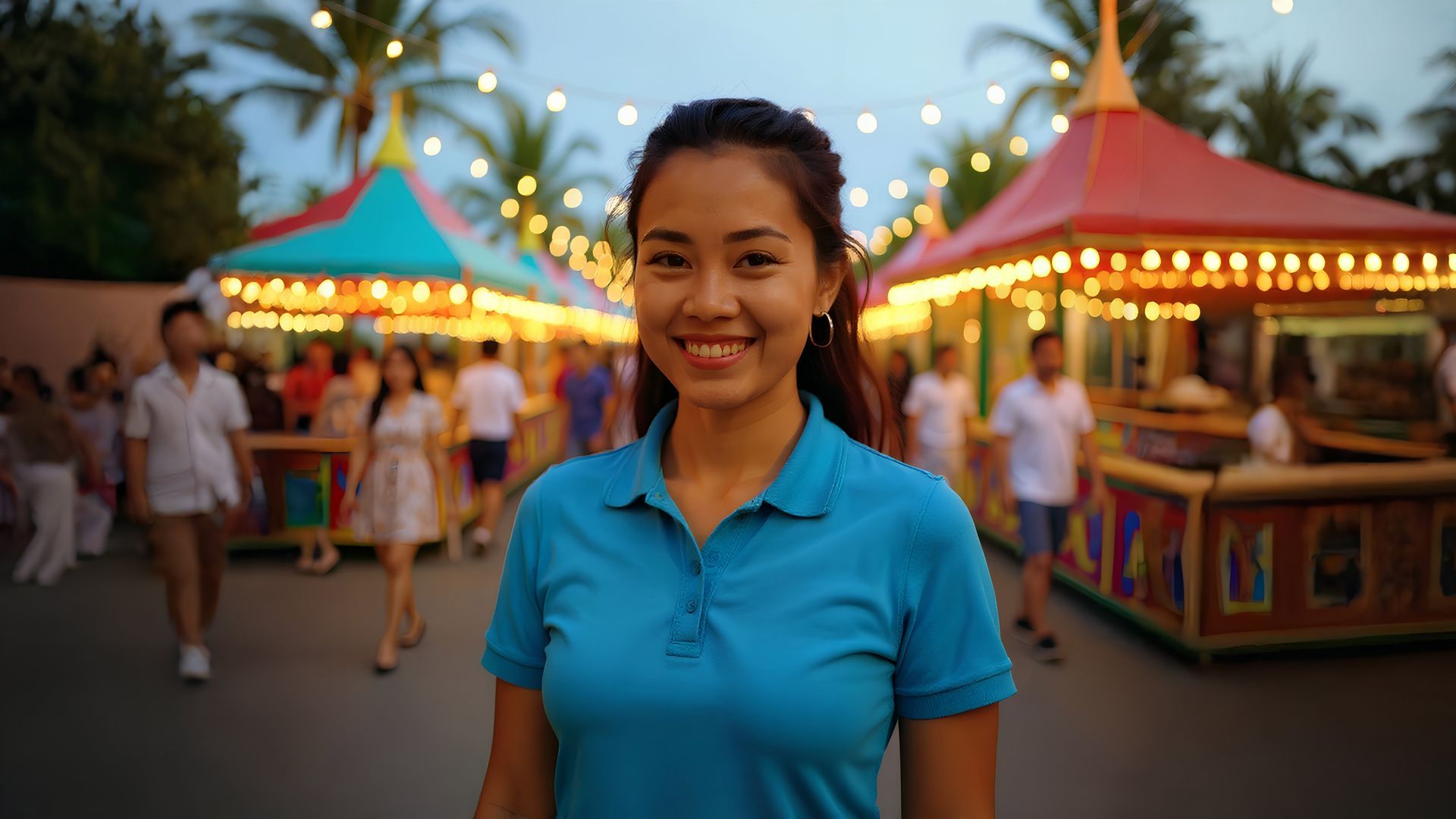 Woman in blue shirt smiles at a brightly lit carnival with people and colorful tents.