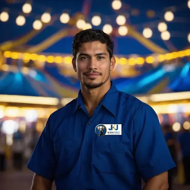 Man in blue shirt with nametag, smiling, set in a colorful carnival.