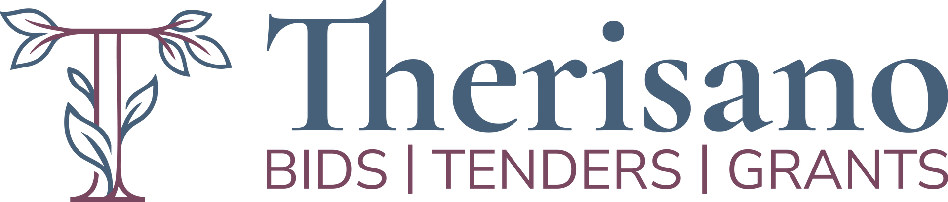 Therisano logo with stylised flower and tagline “BIDS | TENDERS | GRANTS”
