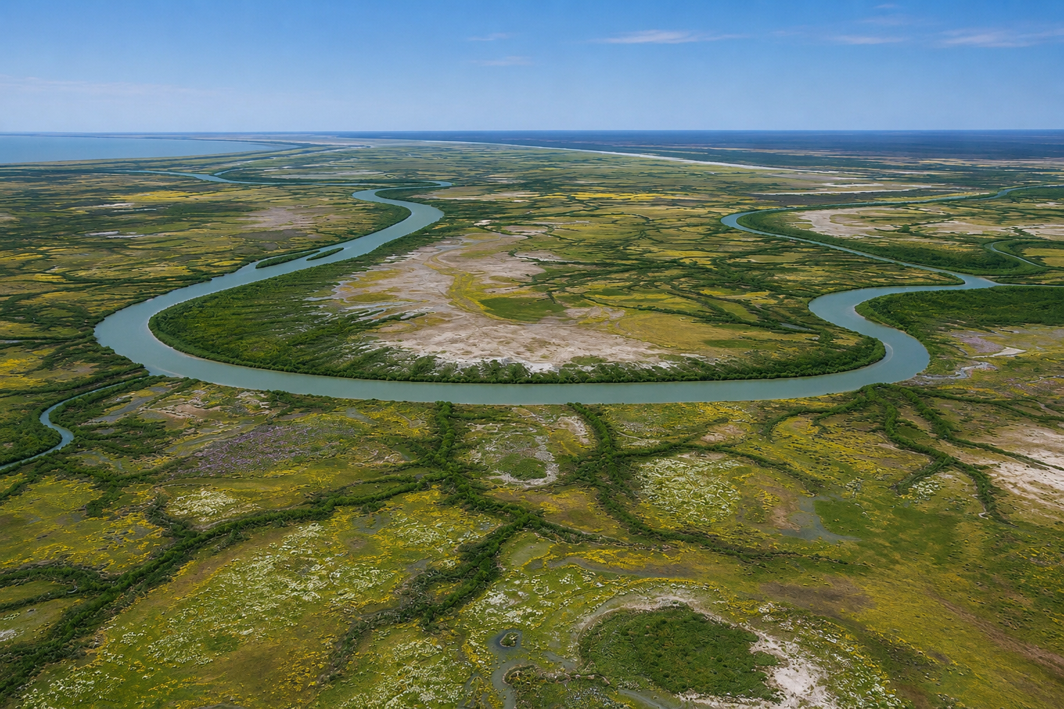 Aerial view of a winding river through green wetlands under a clear blue sky