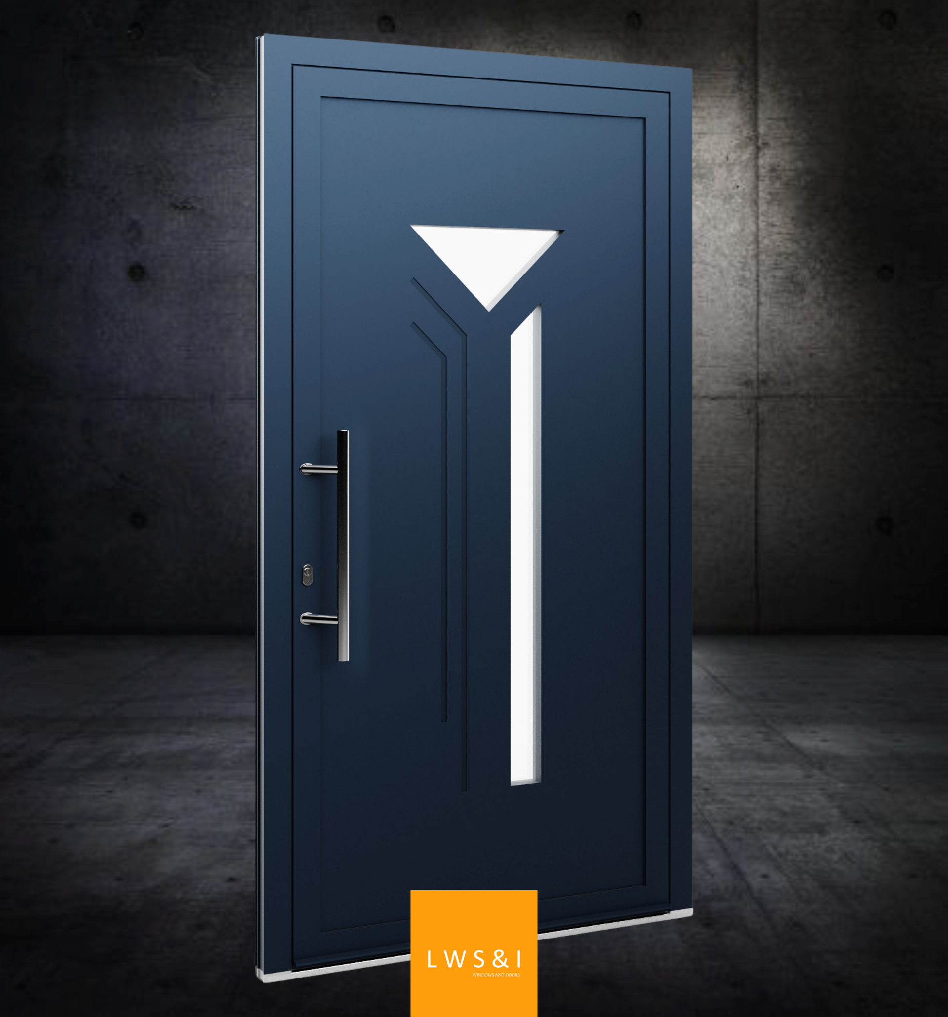 Modern Alu Line aluminum front door in anthracite gray, featuring vertical grooves, glass inserts, and a sleek stainless steel handle.