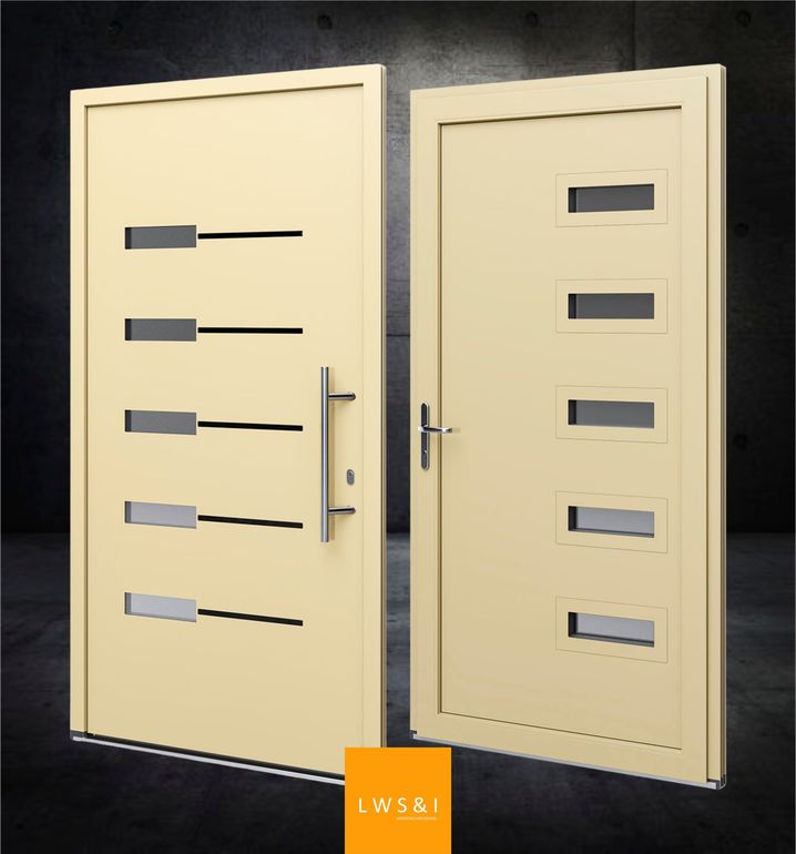 A showcase of LWSI front door collections including composite, aluminium, steel, and uPVC entrance doors.