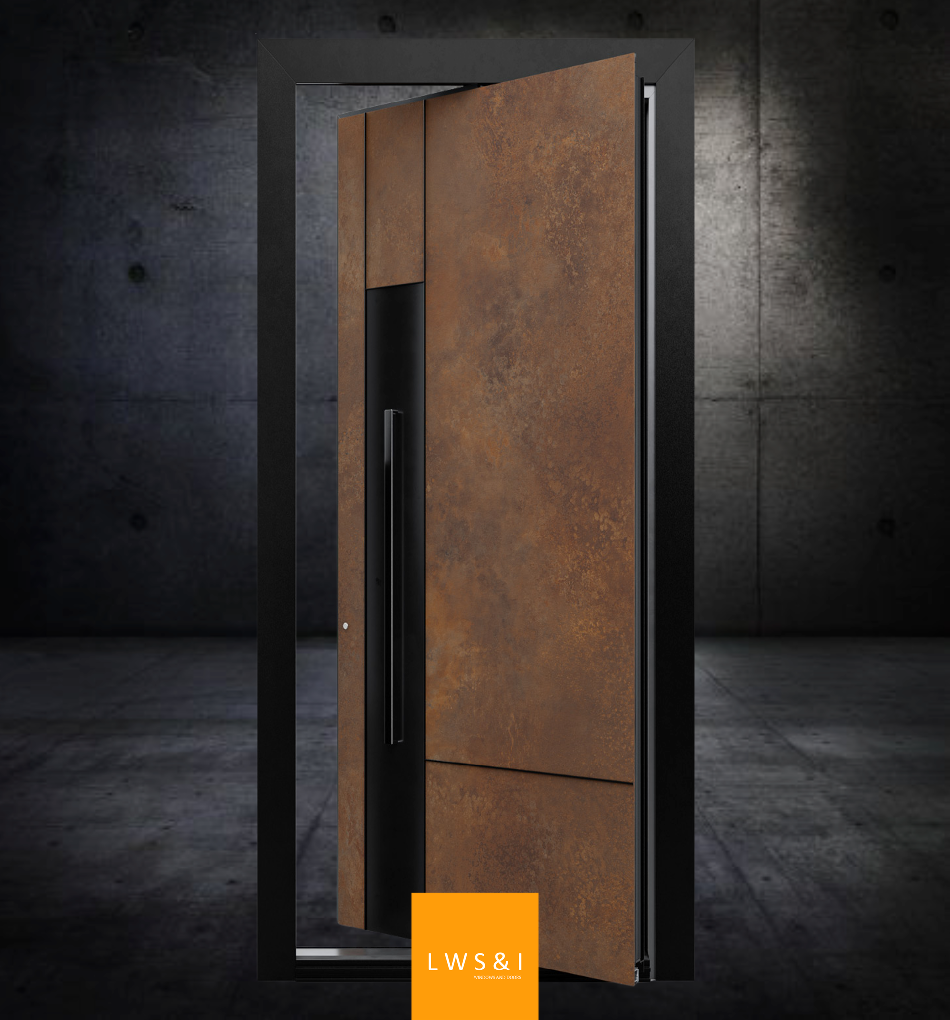 Grand Pivot Line aluminum front door in a custom finish, showcasing an oversized pivot-hinge opening design.