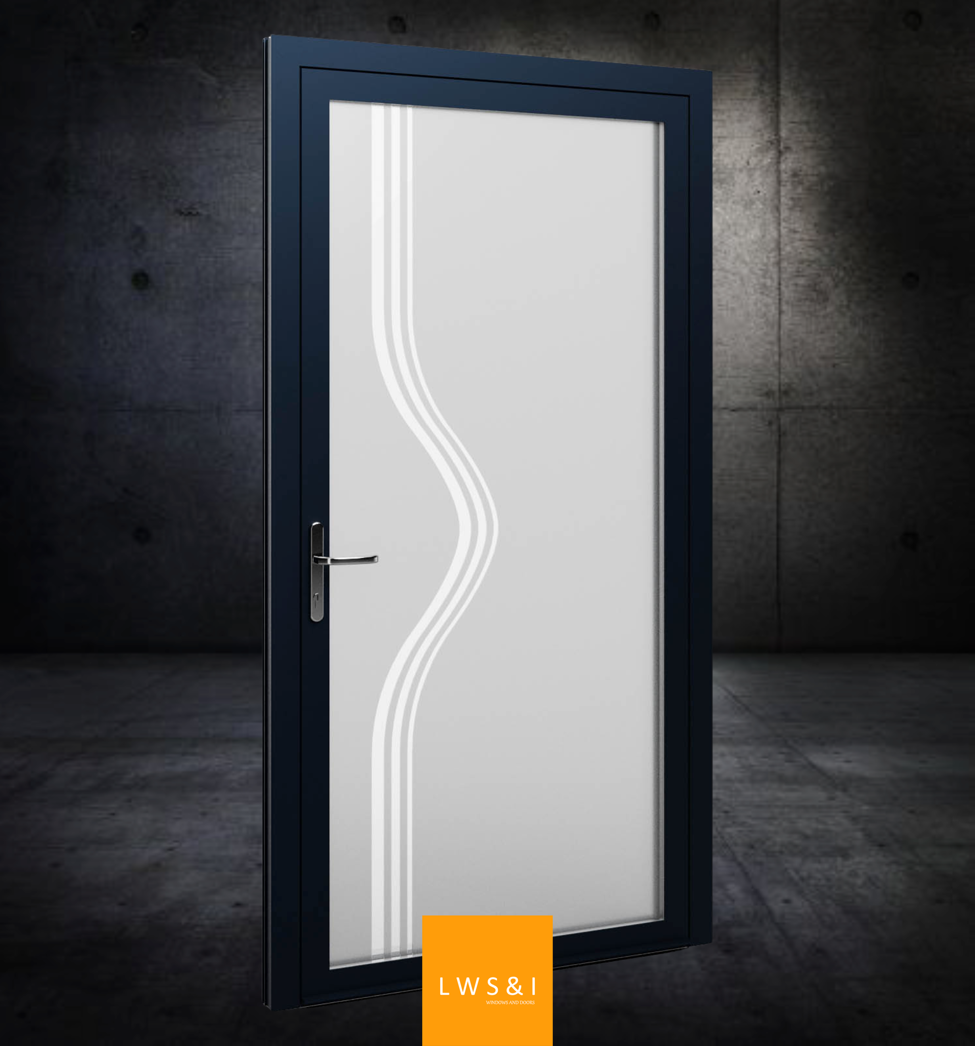 Modern Sandy Line aluminum front door in a matte anthracite finish, featuring a sleek design with sandblasted glass inserts and a stainless steel handle.