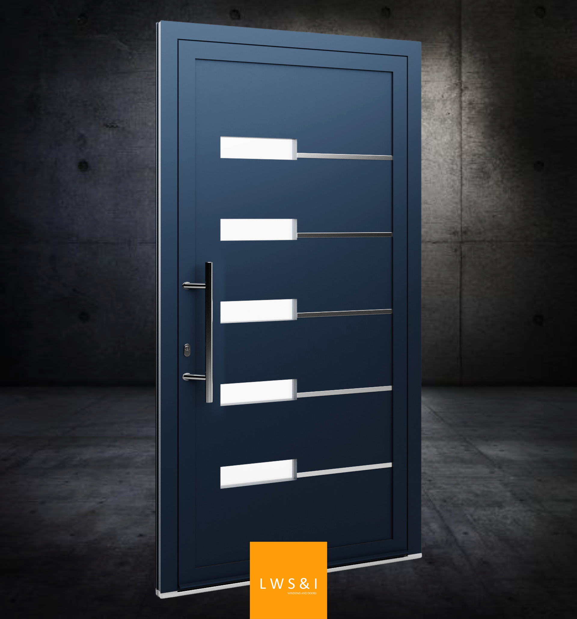 Sleek With Overlay Alu Line aluminum front door in architectural gray, featuring a minimalist design with inlaid stainless steel accents.