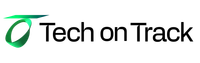 A logo for tech on track with a green circle on a white background.
