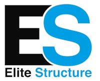 The logo for elite structure is blue and black.